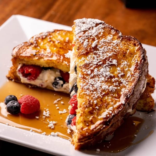 Two pieces of French toast stuffed with cream cheese, raspberries, and blueberries, drizzled with syrup.