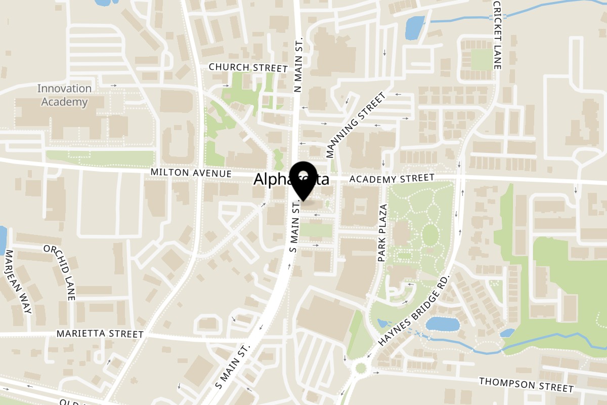 Map showing the location of Never Enough Thyme Alpharetta City Center on 8 South Main Street in Alpharetta